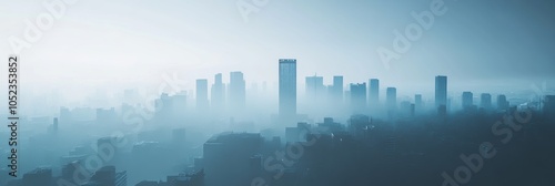 Futuristic city skyline enveloped in thick smog, towering structures loom in a hazy atmosphere, devoid of greenery and life