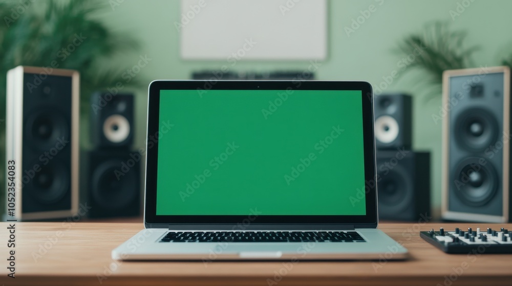Green Screen on Laptop in Music Production Setup Green Screen on Laptop in Music Production Setup