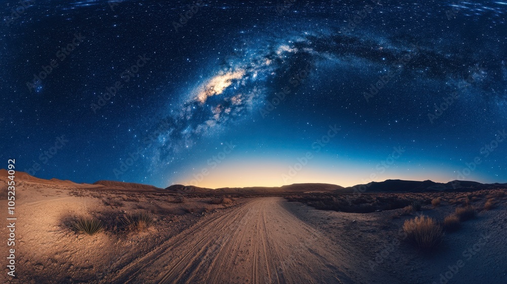 A desert landscape under a blue sky, gradually revealing stars and the Milky Way galaxy as dusk approaches. A desert landscape under a blue sky, gradually revealing stars and the Milky Way galaxy as dusk approaches.