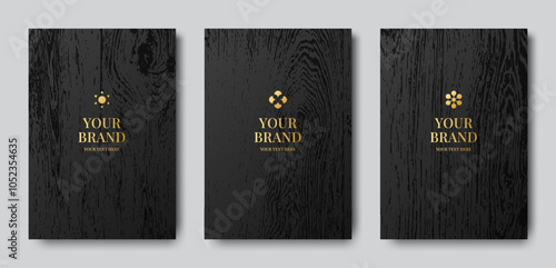 Wood pattern. Black wooden grain. Dark oak carpentry and old nature BG structure. Woodgrain label. Vintage pine table. Luxury gold brand. Hardwood timber. Vector design banners set