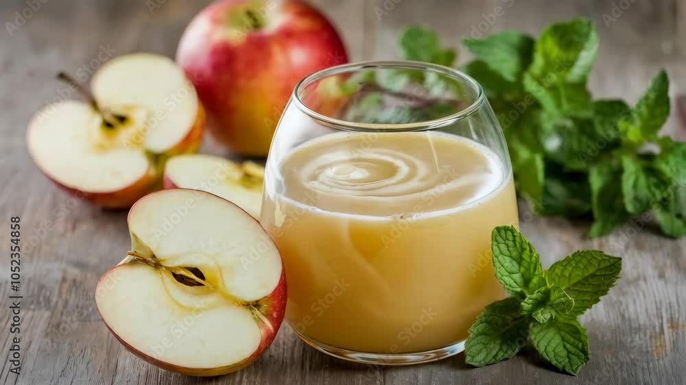 A glass of apple juice with fresh apples and mint leaves on a wooden surface.