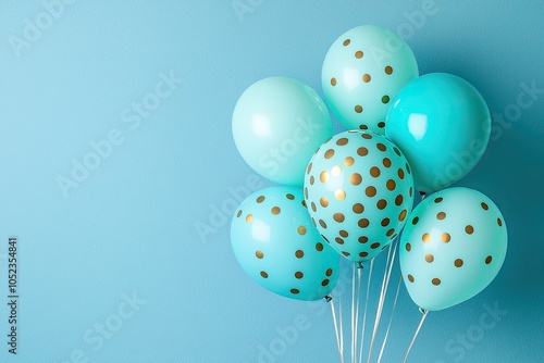 A collection of turquoise and gold polka dot balloons on a blue background, perfect for celebrations. photo