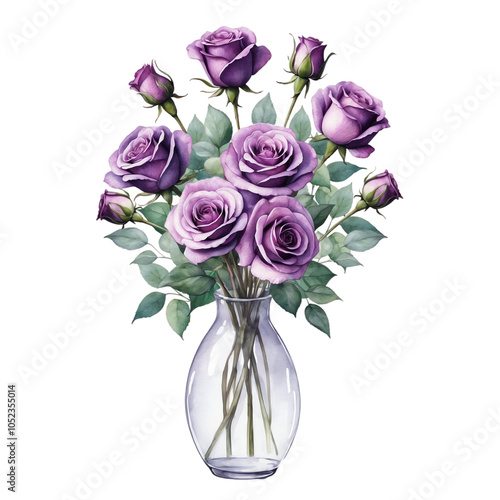 Watercolor purple roses in glass vase with isolated background, Purple rose bouquet with isolated background, Elegant purple roses in vase with isolated background.