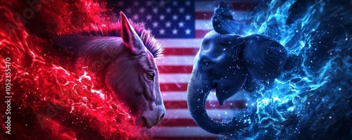 A dramatic close-up of the donkey and elephant mid-fight, with red and blue energy waves and flames bursting, while an American flag stands tall above.