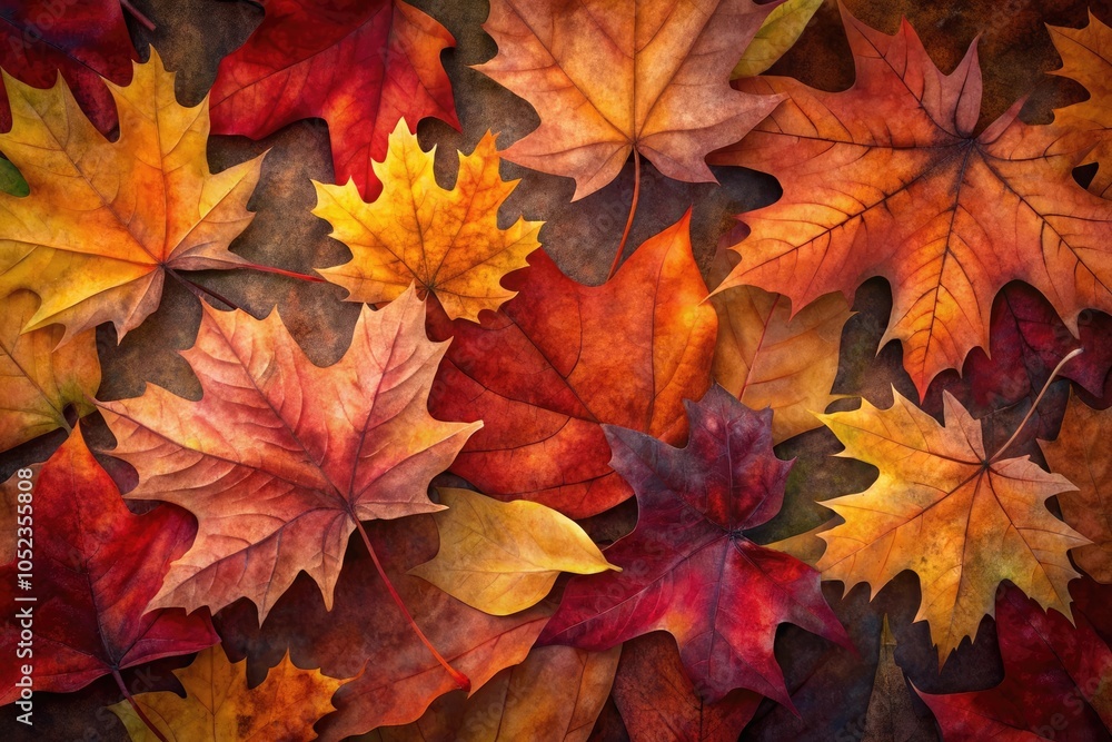 Fototapeta premium Colorful autumn leaves scattered on the ground, showcasing vibrant reds, yellows, and oranges in a natural setting during fall