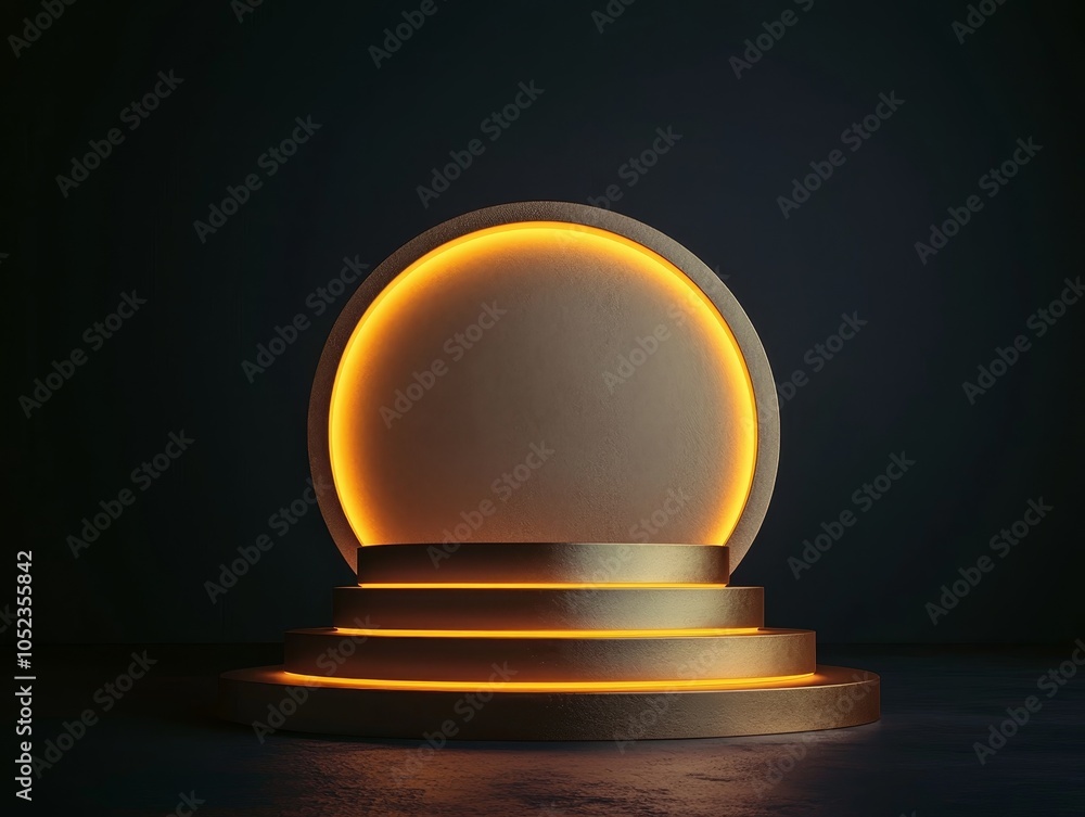 Elegant Illuminated Golden Podium on Dark Background - Minimalist Luxury Stand with Glowing Lights for Presentation or Showcase Elegant Illuminated Golden Podium on Dark Background - Minimalist Luxury Stand with Glowing Lights for Presentation or Showcase