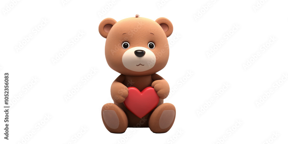 Obraz premium Cute teddy bear holding a red heart symbol, sitting upright.