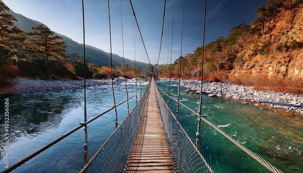 Fototapeta premium Puente colgante, sobre un río de aguas cristalinas