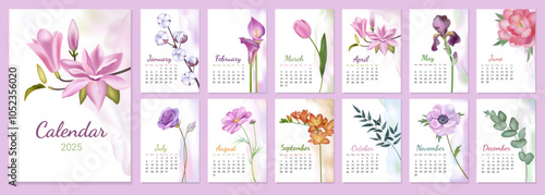 Flower calendar. Minimal floral design or abstract season art template. Nature planner. Blooming blossoms. Organizer sheets. Monthly diary planning. 2025 dates. Vector schedule pages set