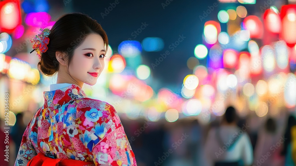 A woman in a traditional Japanese kimono smiles at the camera, standing in a bustling street market at night, with colorful lanterns in the background. A woman in a traditional Japanese kimono smiles at the camera, standing in a bustling street market at night, with colorful lanterns in the background.