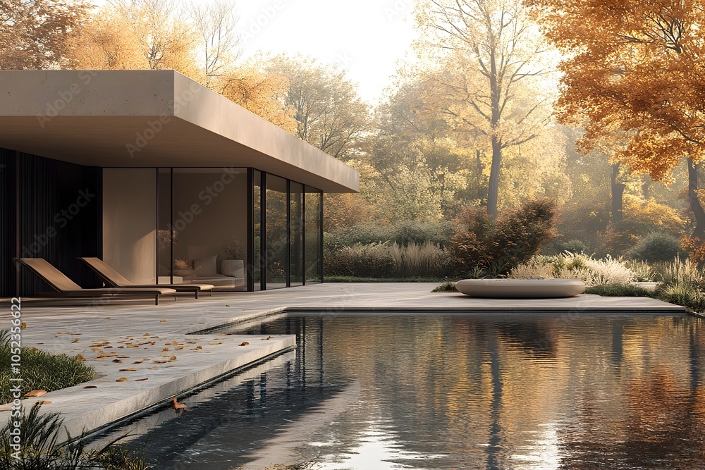 Fototapeta premium Stunning Contemporary Luxury Home Nestled in Autumnal Landscape with Reflection Pool