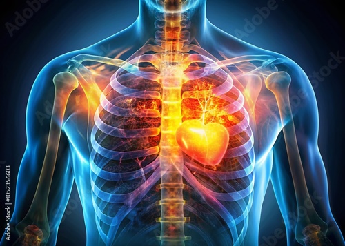 Double Exposure of Chest X-ray with Interstitial Pulmonary Infiltration and Normal Heart Size in Medical Healthcare photo