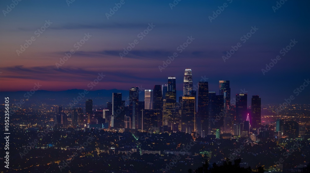 Fototapeta premium Stunning Twilight View of the Los Angeles Skyline: This Captivating Image Showcases the City’s Iconic Skyscrapers Bathed in the Warm Glow of Sunset, Set Against a Dramatic Sky