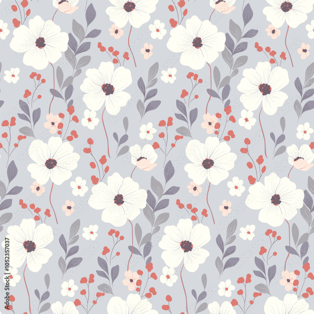 Seamless floral pattern, delicate ditsy print, abstract ornament of hand drawn wild plants. Pretty botanical design: large white poppies, small flowers, leaves, herbs, gray field. Vector illustration.