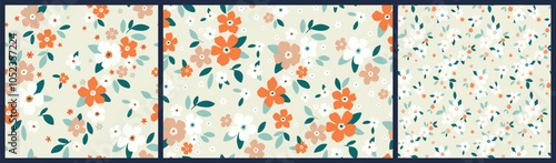 Seamless floral pattern, liberty ditsy print, abstract ornament in cute retro motif. Botanical design set: small hand drawn flowers, tiny leaves, simple bouquets in pastel colors. Vector illustration.