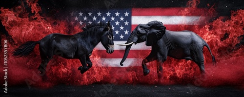 The donkey and elephant charging at each other, their fight igniting flames with an American flag rippling in the background of red and blue streaks. photo