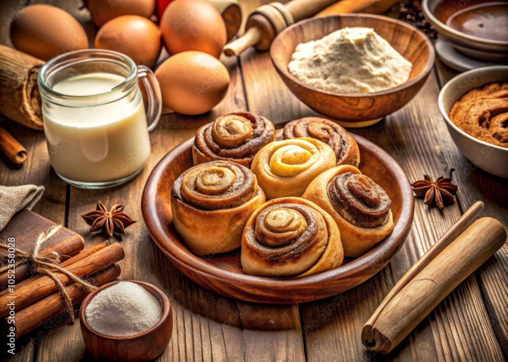Fresh Cinnamon Rolls on Rustic Table Display Fresh Cinnamon Rolls on Rustic Table Display