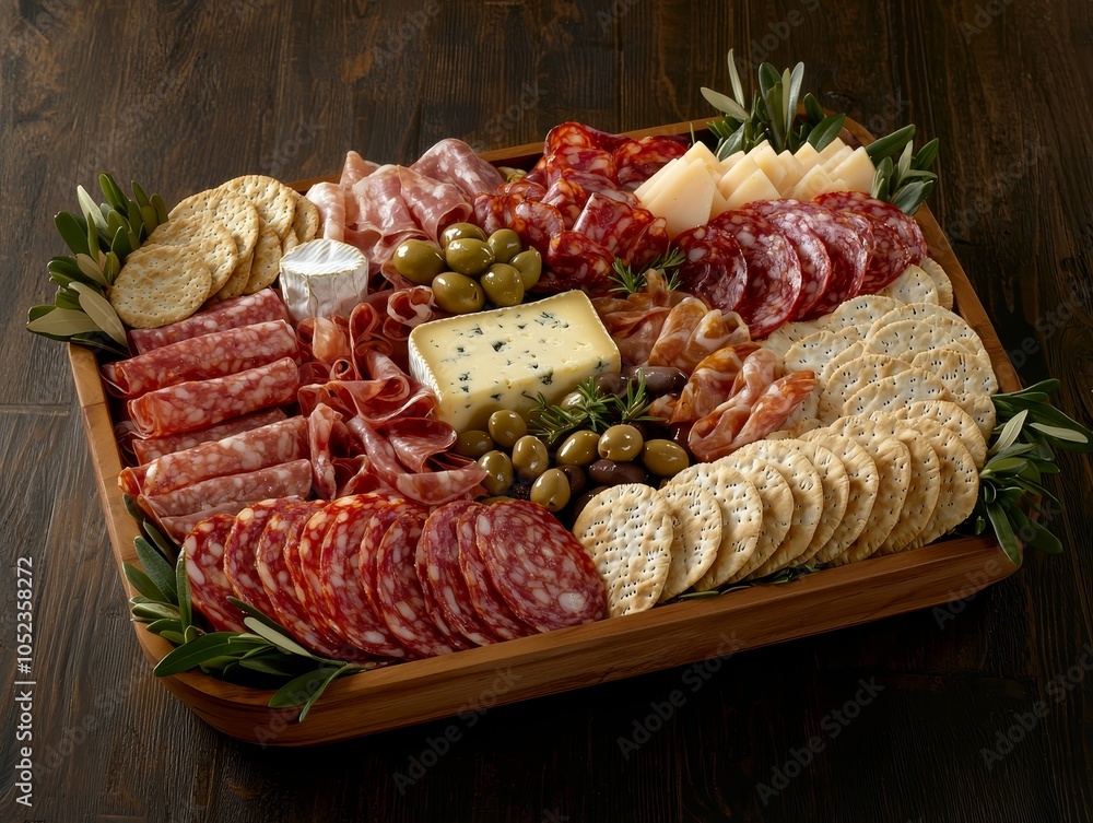 Gourmet Charcuterie Delights on Rustic Wooden Platter, Festive Entertaining Concept Gourmet Charcuterie Delights on Rustic Wooden Platter, Festive Entertaining Concept