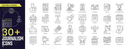 Journalism Stroke icon collections. Containing Magazine, Reporter, Camera, Press Badge, Camera, Article, Office, Broadcast, and Online Article icons. Editable Stroke icon collection Outline icon