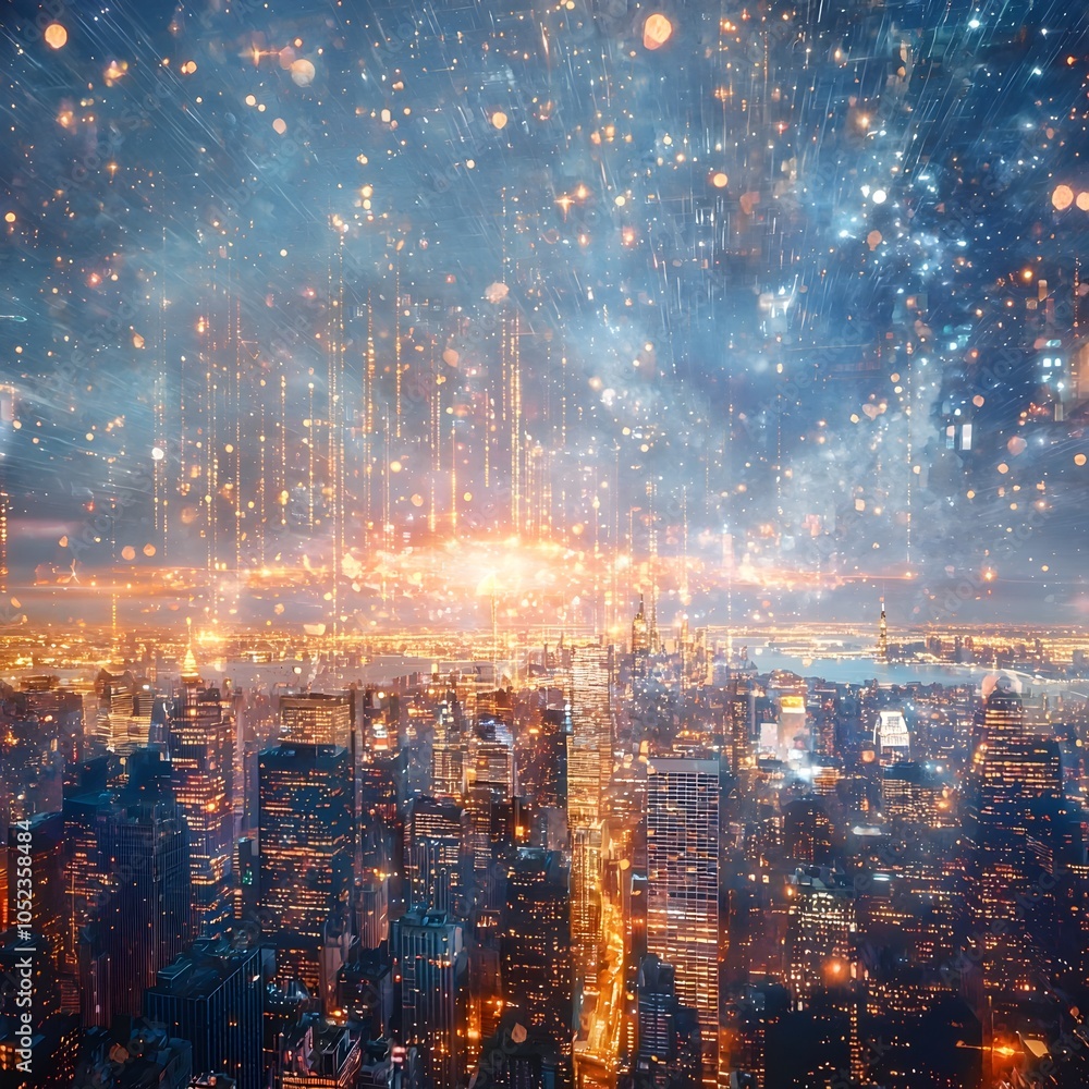 Fototapeta premium Dazzling Quantum Teleportation Across Futuristic City Skyline at Night