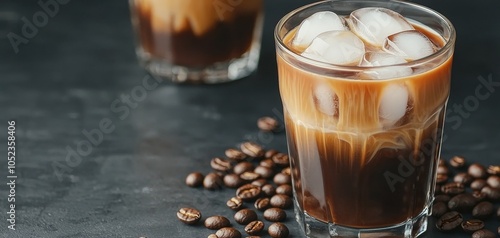 Gourmet Iced Coffee Delight Close-Up of Dark Elixir in Transparent Glass, Coffee Beans, Softly Lit, Serene Mood