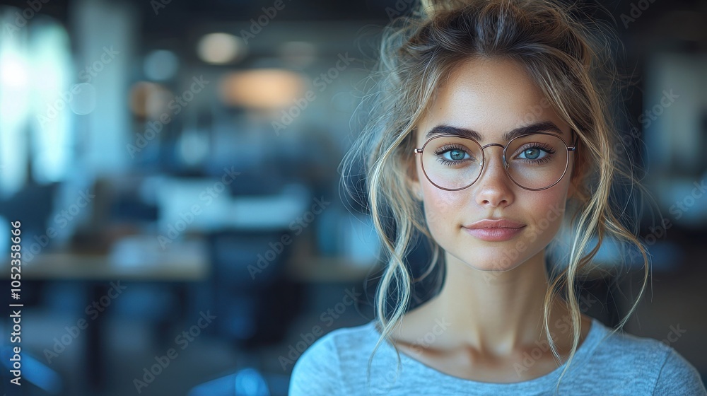 A young woman with glasses poses confidently in a modern office environment during daytime