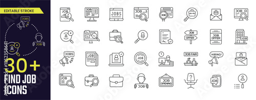 Find Job Stroke icon collections. Containing employment ad, job search websites, speculative application, job offer and job exchange  icons. Editable Stroke icon collection Outline icon