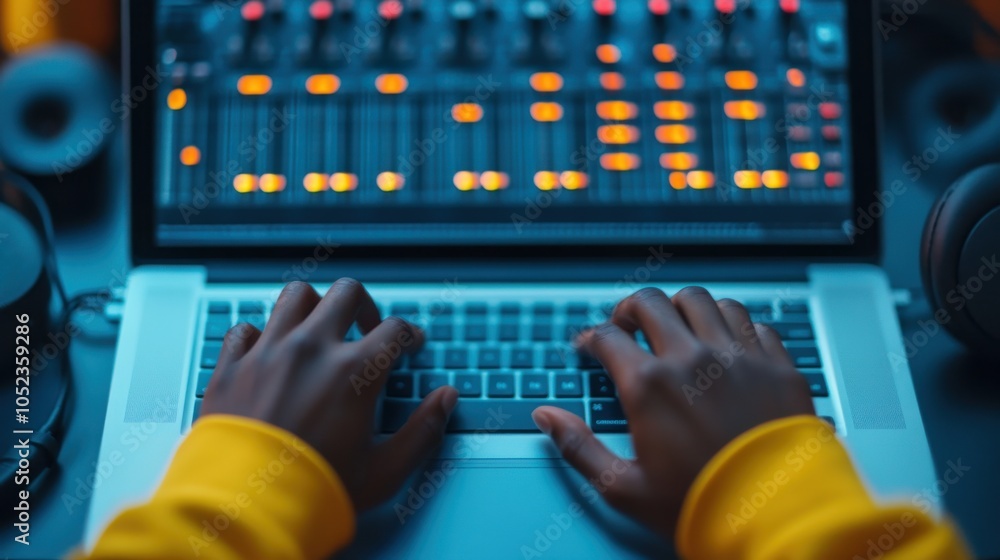 Musician Working on Laptop with Hands on Keyboard Musician Working on Laptop with Hands on Keyboard