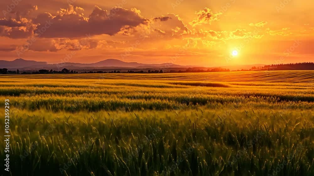 A golden sunset casts a warm glow over a field of wheat in the countryside A golden sunset casts a warm glow over a field of wheat in the countryside