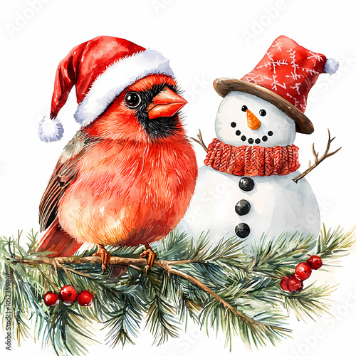 The red cardinal wearing a Santa hat perches on a branch near the tree.
Christmas tree sparkles with lights and decorations.
Festive illustration adds charm to the holiday scene.