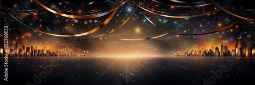 Celestial Stage: A mesmerizing backdrop of shimmering lights, celestial bodies, and golden ribbons creates a captivating stage for a grand event, evoking a sense of wonder and anticipation. 