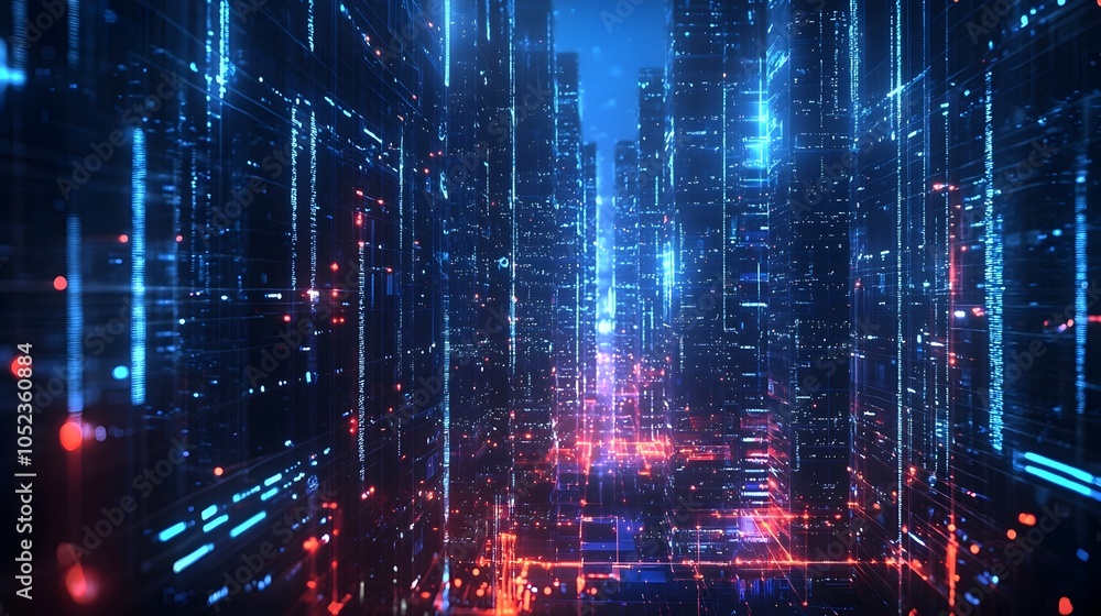 Obraz premium Futuristic Quantum Internet City with Glowing Data Particles Transferring Information