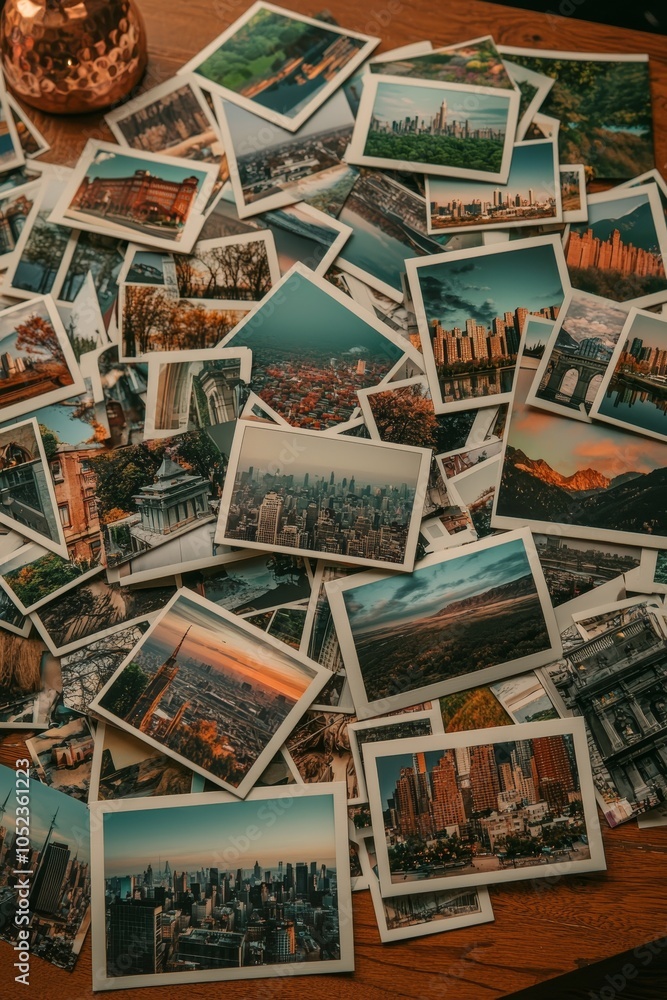 Obraz premium Nostalgic Memories Chaotic Pile of Vintage Photographs on Wooden Surface, Soft Lighting, Warm Tones Memory Lane Collection