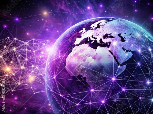 Earth Plexus Purple World Background with Connected Dots and Lines - Abstract 3D Illustration for Tech and Science