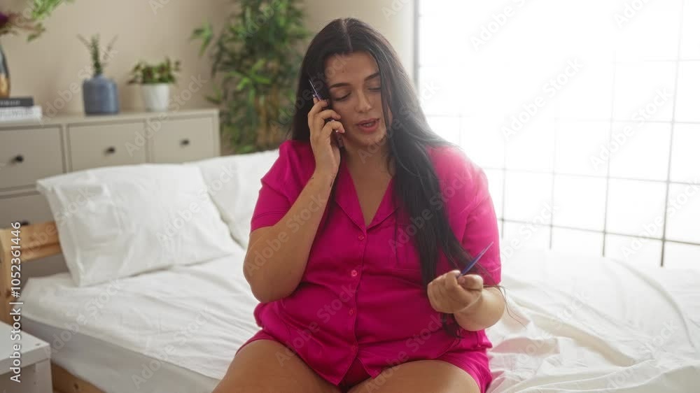 Woman talking on the phone while holding a credit card in a bedroom with white bedding and indoor plants, wearing a vibrant pink outfit. Woman talking on the phone while holding a credit card in a bedroom with white bedding and indoor plants, wearing a vibrant pink outfit.