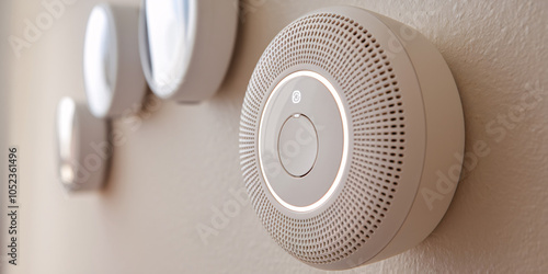 A close-up of a wall-mounted carbon monoxide detector, an essential home safety device for monitoring dangerous gas levels and protecting the family from invisible threats. photo