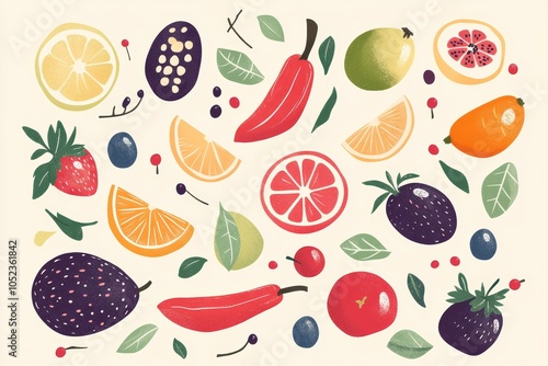 whimsical illustration of ancient fruits with traditional recipes. Cute cartoonish style, simple lines, pastel colors, friendly and inviting.