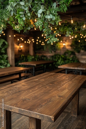 Rustic Wooden Table Closeup with Warm Lighting, Cozy Ambiance, and Blurred Greenery Background - Ideal for Advertisements and Invitations