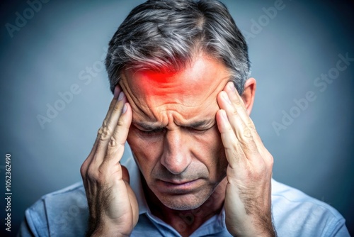 Man experiencing intense headache indoors, showcasing physical discomfort and stress during mid-afternoon photo