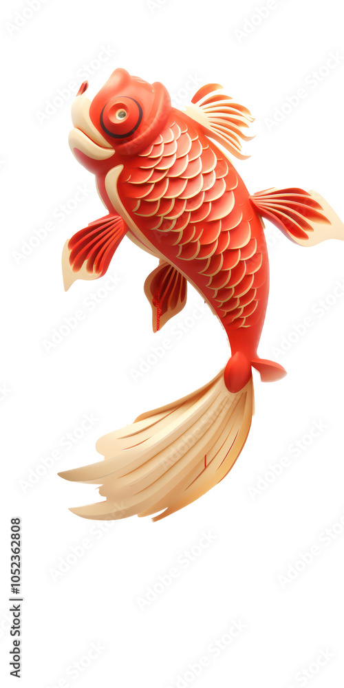 Fototapeta premium Vibrant red koi fish with flowing fins and scales against a white background.