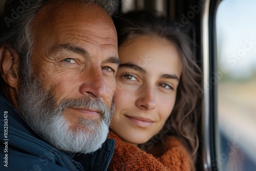 The duo share warmth and companionship, seated by a window during a scenic journey, capturing the heartfelt ease of traveling together in harmony. photo