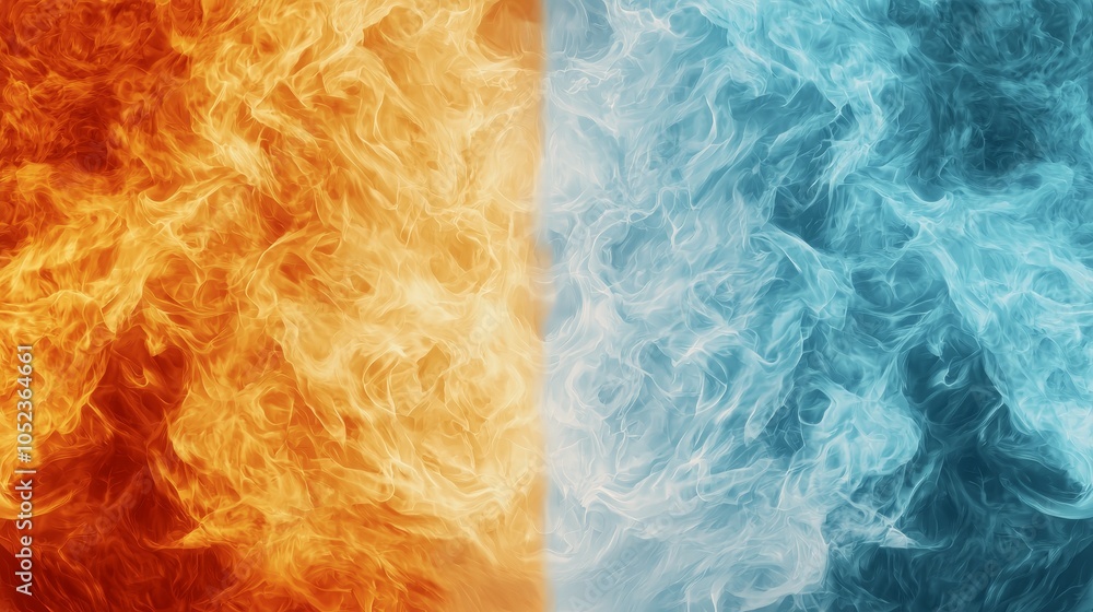 Symmetrical Fire and Ice Contrast Abstract Illustration of Dynamic Energy and Serenity, Digital Painting with Vibrant Color Palette Symmetrical Fire and Ice Contrast Abstract Illustration of Dynamic Energy and Serenity, Digital Painting with Vibrant Color Palette