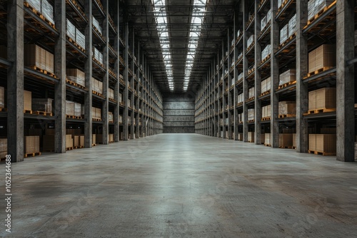 Wallpaper Mural Symmetrical Industrial Warehouse Aisle with Empty Concrete Floor and Rows of Metal Shelves, Melancholic Utility Atmosphere Torontodigital.ca