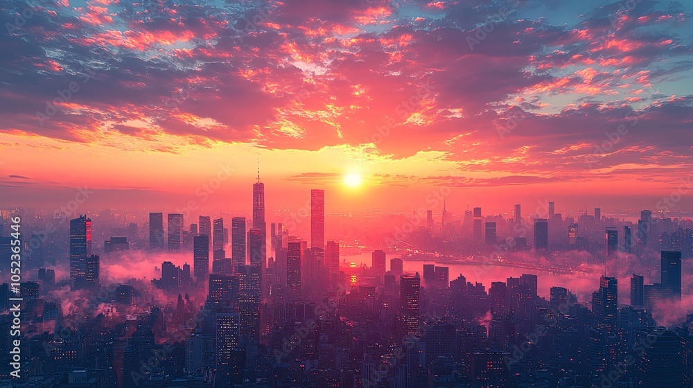 Obraz premium A cityscape is cloaked in the brilliant hues of dawn, as mist intermingles with skyscrapers, embracing a new beginning.