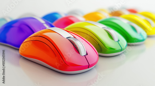 Colorful wired computer mice in neat rows with shiny surfaces photo