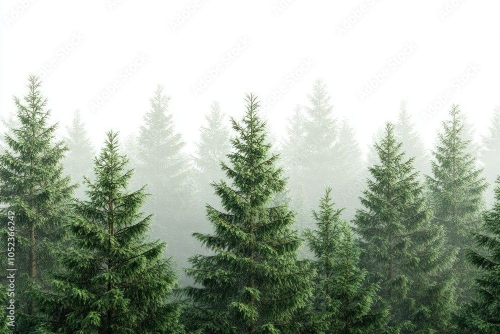 Serene Misty Forest with Tall Evergreen Trees Serene Misty Forest with Tall Evergreen Trees