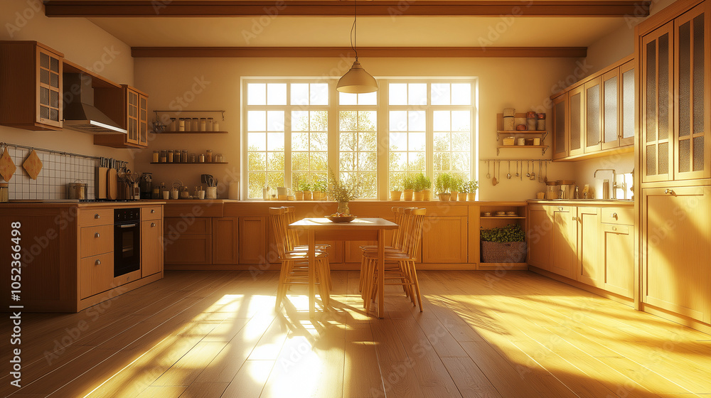Warm and Inviting Country-Style Kitchen with Wooden Cabinets and Sunlit Ambiance Warm and Inviting Country-Style Kitchen with Wooden Cabinets and Sunlit Ambiance
