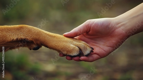 Dog paw reaching for a human hand, symbolizing the bond between pets and owners.