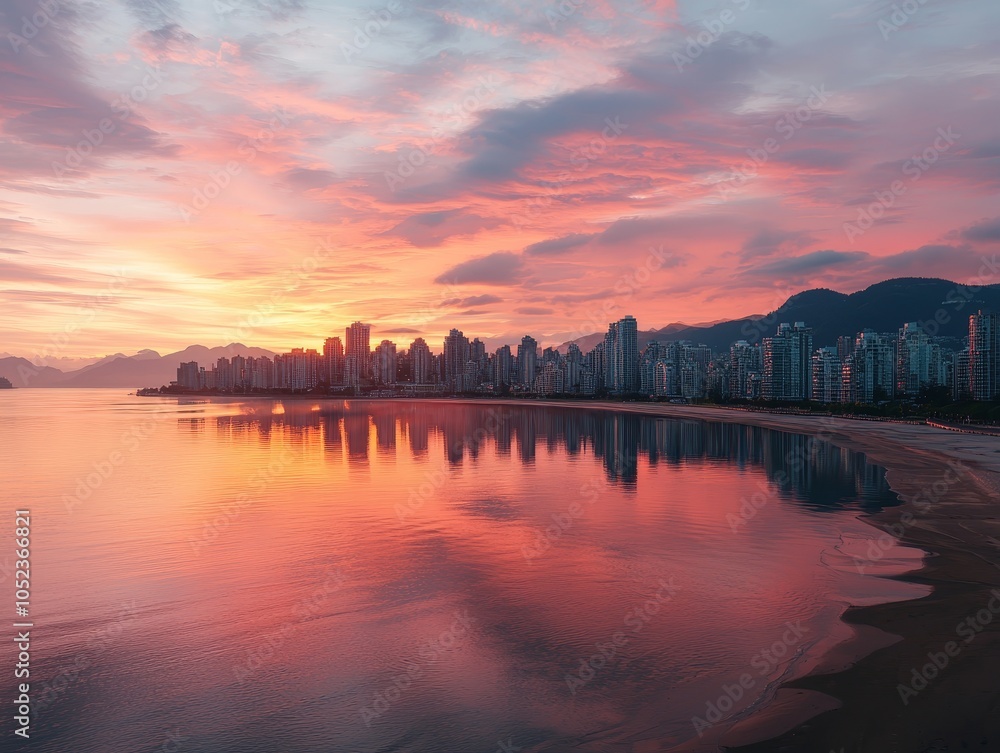 Fototapeta premium Vibrant Cityscape Reflection at Sunset Urban Silhouette in Serene Waters with Mountain Backdrop - Tranquil Urban Oasis