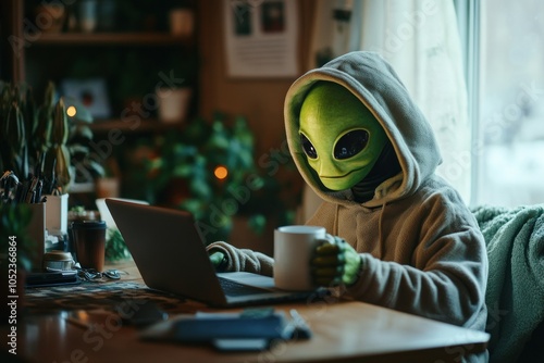 Whimsical Alien in Cozy Indoor Scene with Laptop photo